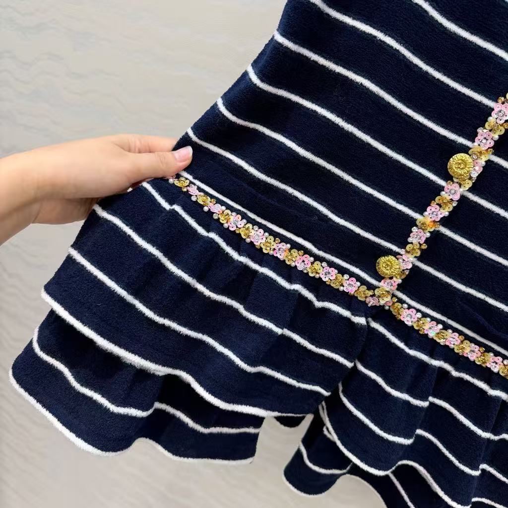 Navy blue striped knitted long cardigan