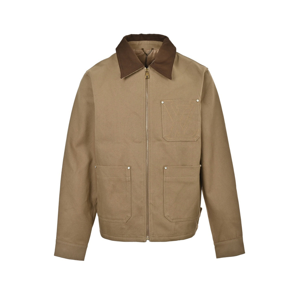 Khaki pocket cotton canvas workwear belted jacket
