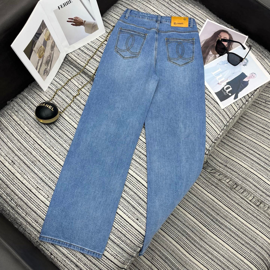 Spring 2026 Early Collection: New Straight-Leg Denim Jeans featuring Beaded Pockets, Embroidered Double-C Pocket Detail, and Washed Finish