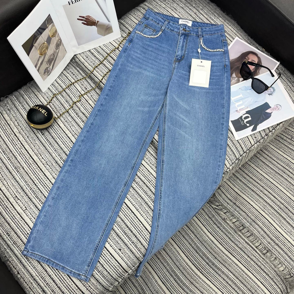 Spring 2026 Early Collection: New Straight-Leg Denim Jeans featuring Beaded Pockets, Embroidered Double-C Pocket Detail, and Washed Finish