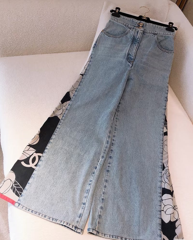 Paneled Wide-Leg Denim Pants