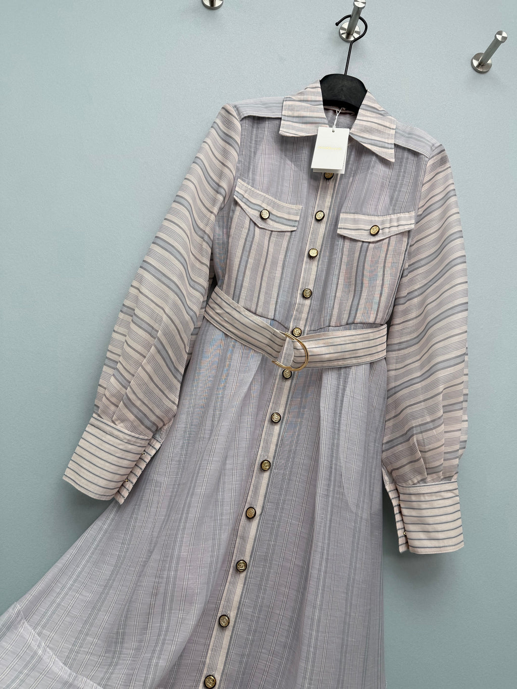 New 2026 Collection: Grey-Toned Striped Shirt Dress — Featuring a Classic Shirt Collar and Dual-Pocket Design