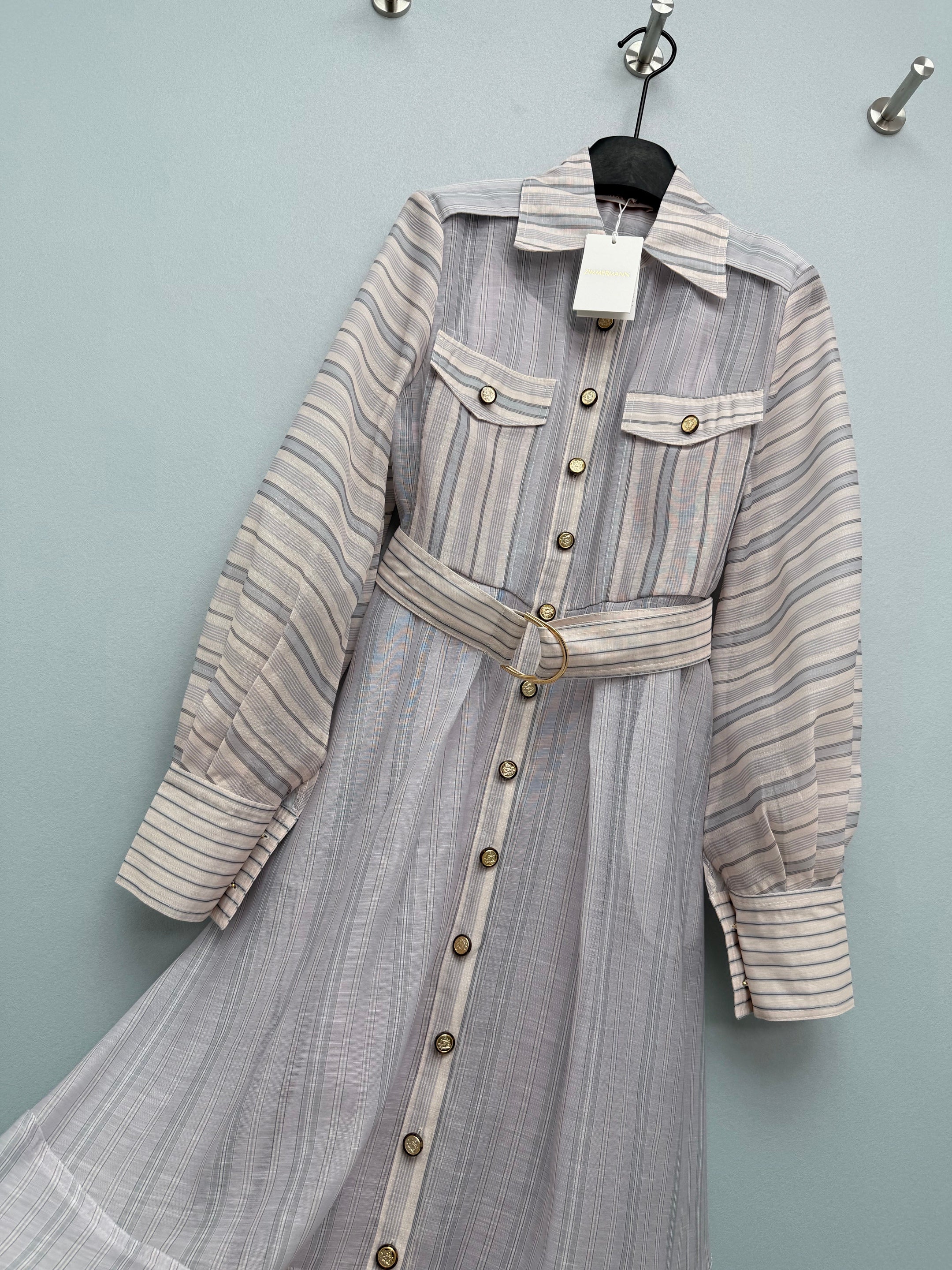 New 2026 Collection: Grey-Toned Striped Shirt Dress — Featuring a Classic Shirt Collar and Dual-Pocket Design