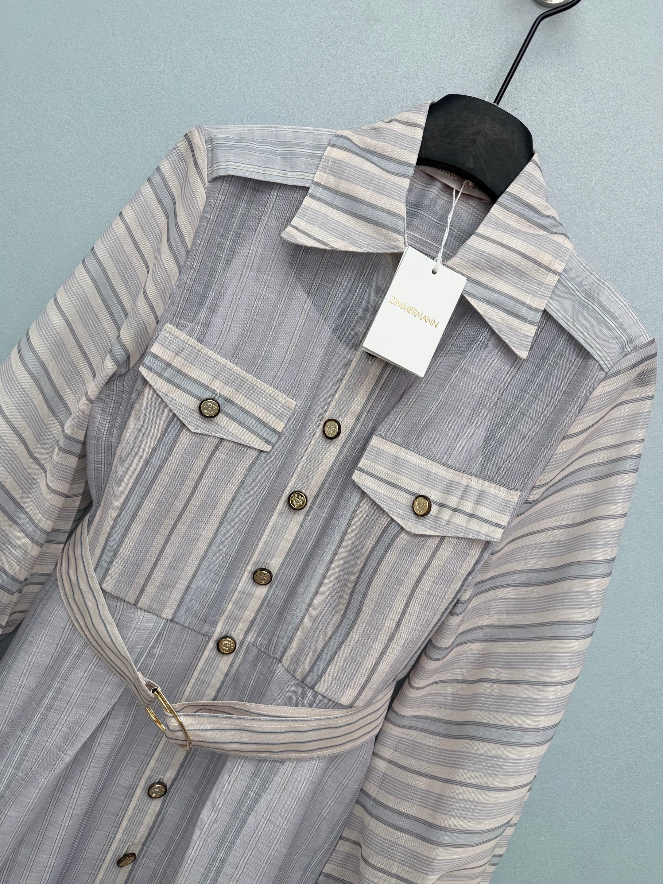 New 2026 Collection: Grey-Toned Striped Shirt Dress — Featuring a Classic Shirt Collar and Dual-Pocket Design
