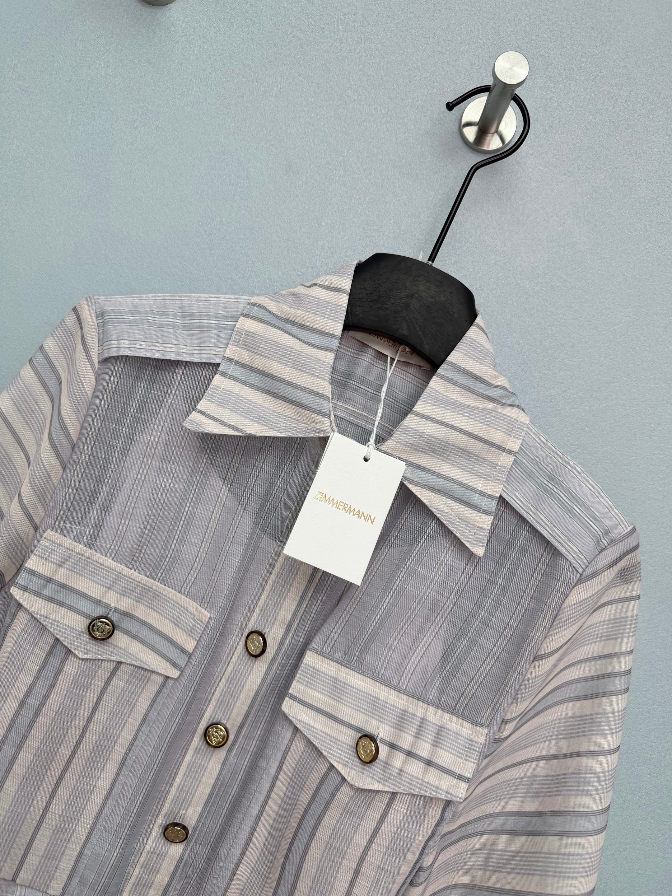 New 2026 Collection: Grey-Toned Striped Shirt Dress — Featuring a Classic Shirt Collar and Dual-Pocket Design