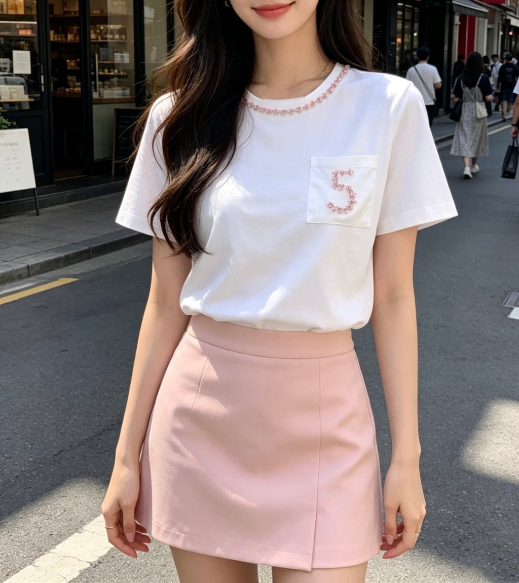 2026 White T-Shirt with Embroidered "5"  Pink rhinestone-beaded neckline—packed with exquisite detail.