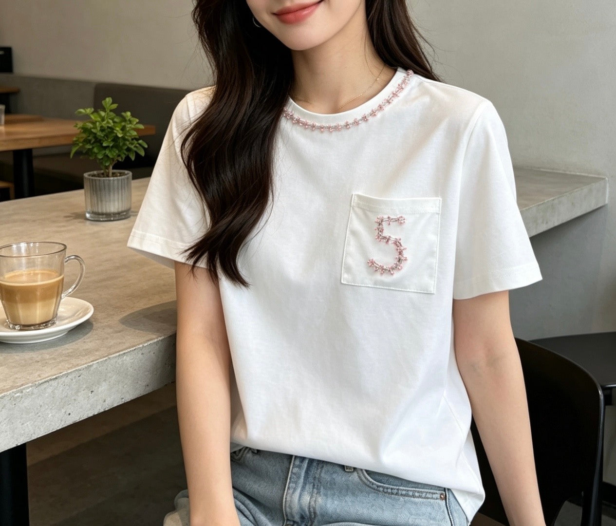 2026 White T-Shirt with Embroidered "5"  Pink rhinestone-beaded neckline—packed with exquisite detail.