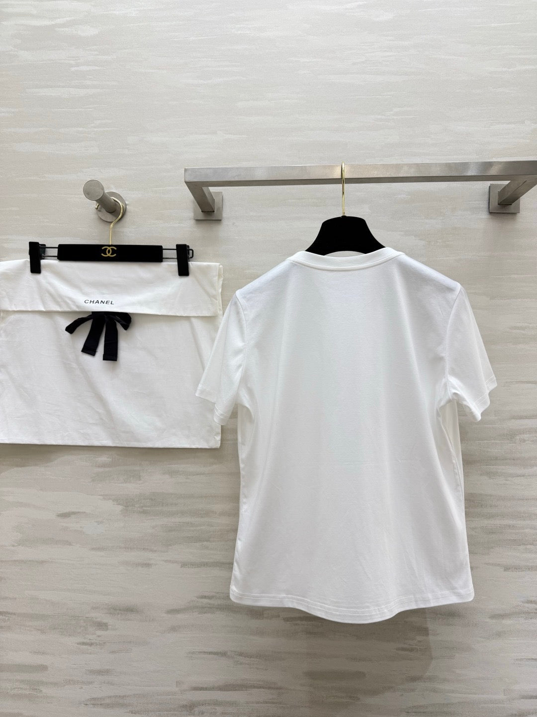 2026 White T-Shirt with Embroidered "5"  Pink rhinestone-beaded neckline—packed with exquisite detail.