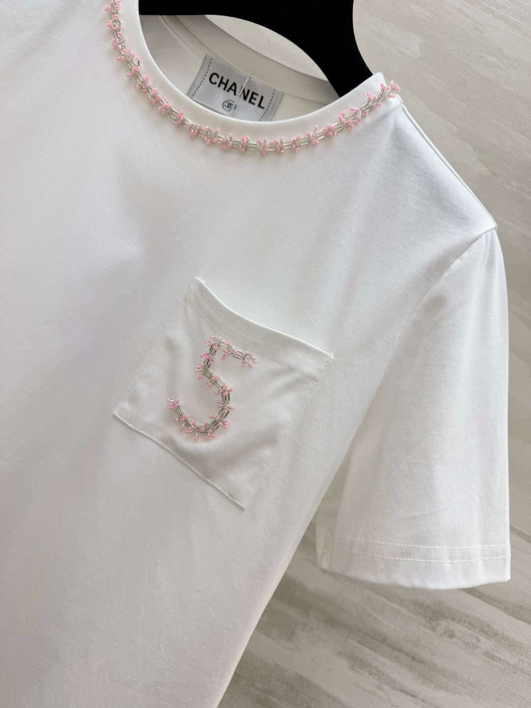 2026 White T-Shirt with Embroidered "5"  Pink rhinestone-beaded neckline—packed with exquisite detail.