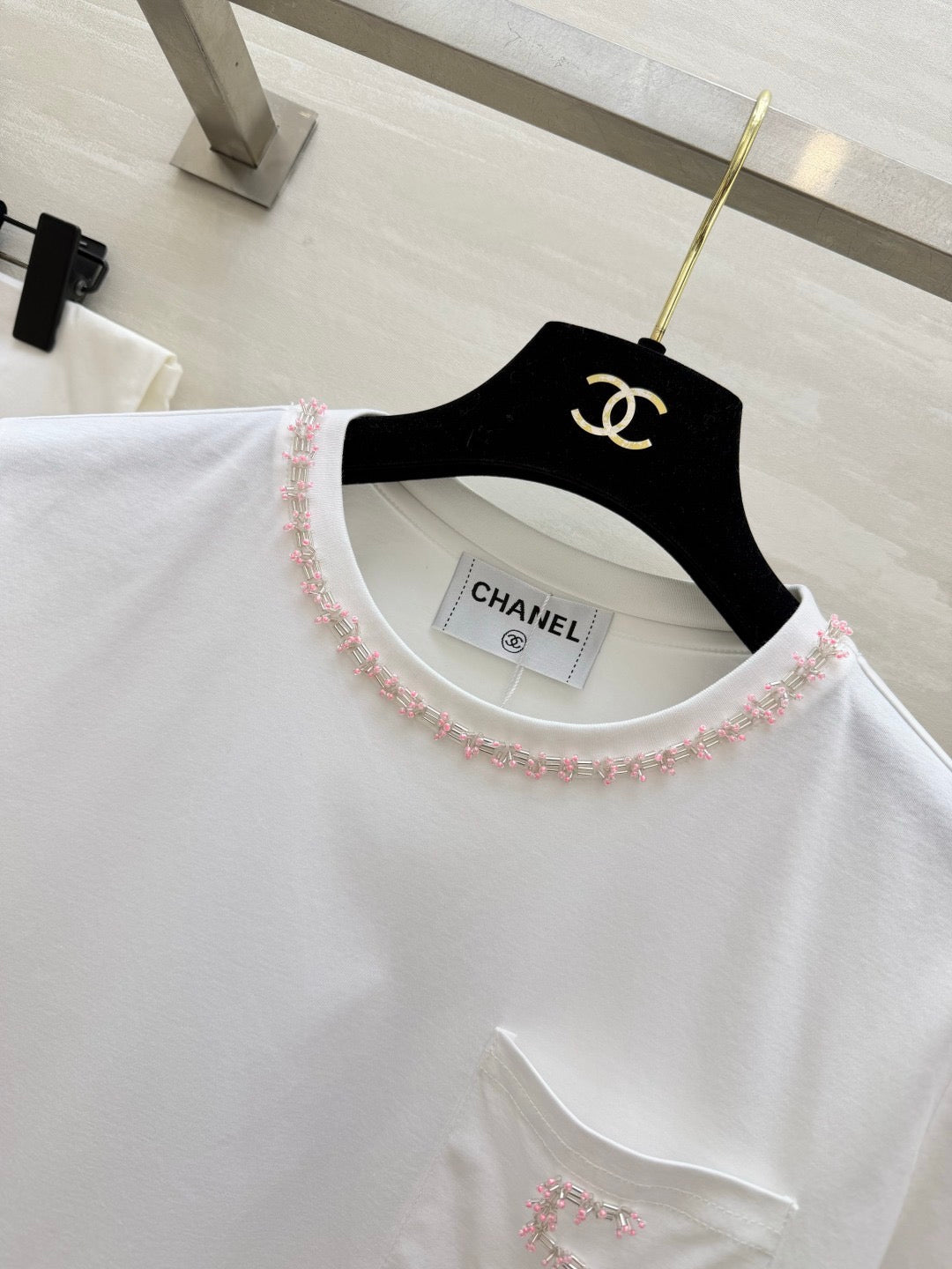 2026 White T-Shirt with Embroidered "5"  Pink rhinestone-beaded neckline—packed with exquisite detail.