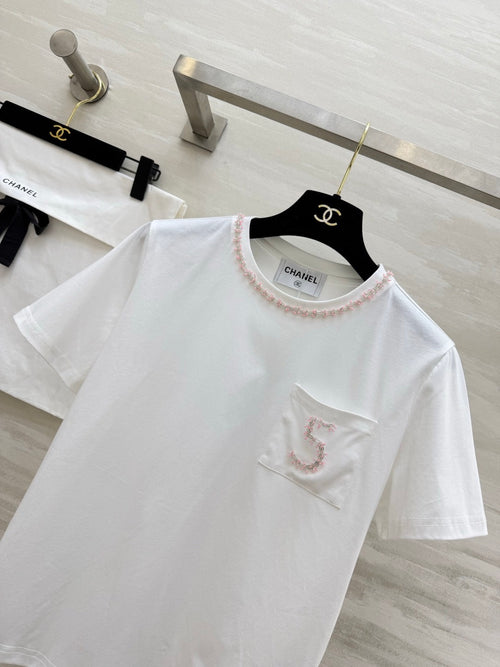 2026 White T-Shirt with Embroidered "5"  Pink rhinestone-beaded neckline—packed with exquisite detail.