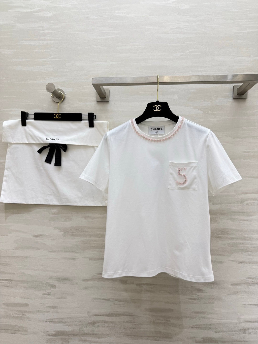 2026 White T-Shirt with Embroidered "5"  Pink rhinestone-beaded neckline—packed with exquisite detail.