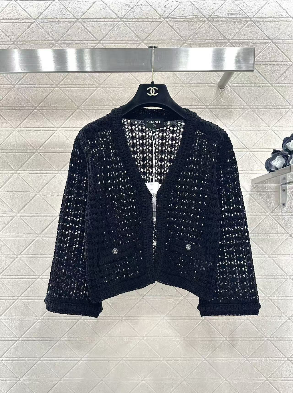 Openwork woven V-neck lace cardigan