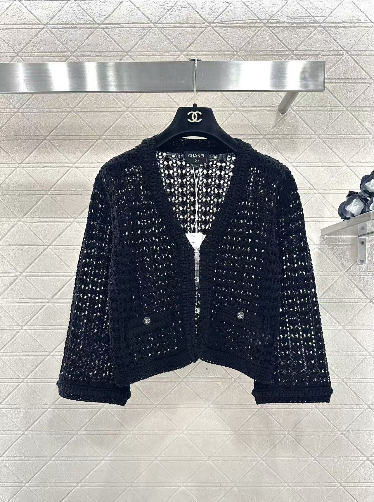 Openwork woven V-neck lace cardigan